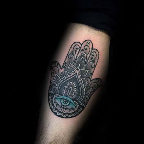 Blue Evil Eye With Hamsa Guys Leg Tattoo Design Ideas