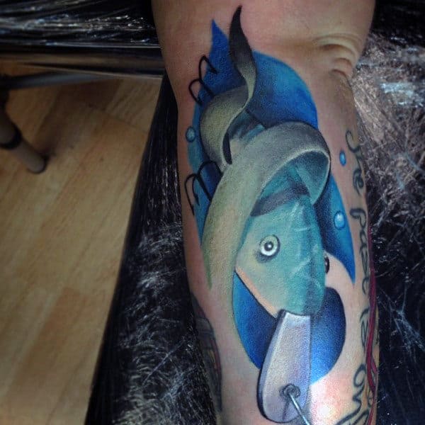 Blue Fish Hook Baitfish Tattoo On Outer Forearm For Males