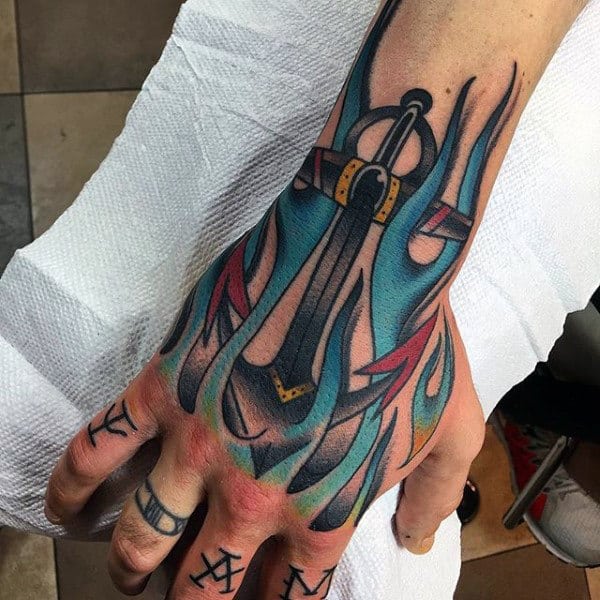 Blue Flames Anchor Artistic Mens Hand Tattoos