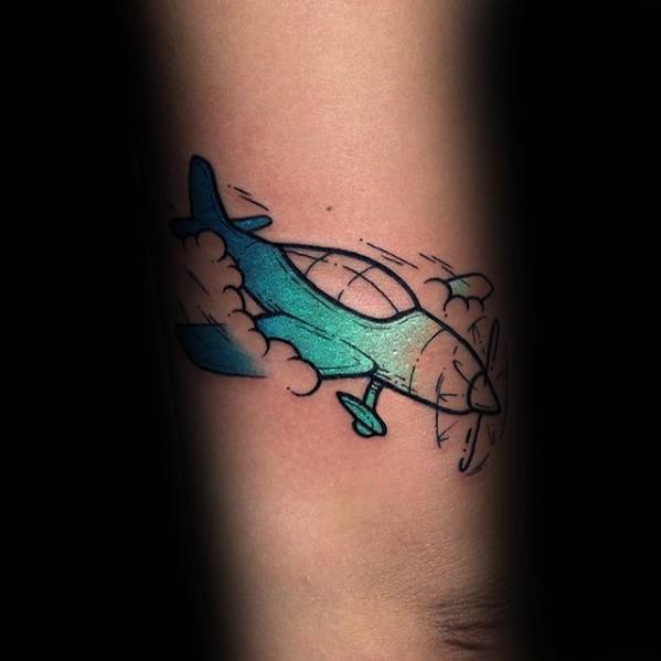 Blue Flying Airplane Simple Arm Tattoos For Guys