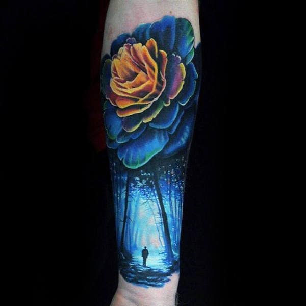 Blue Forest With Rose Flower Mens Colorful Forearm Sleeve Tattoos