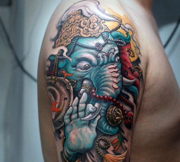 Blue Ganesh Mens Colorful Half Sleeve Tattoos