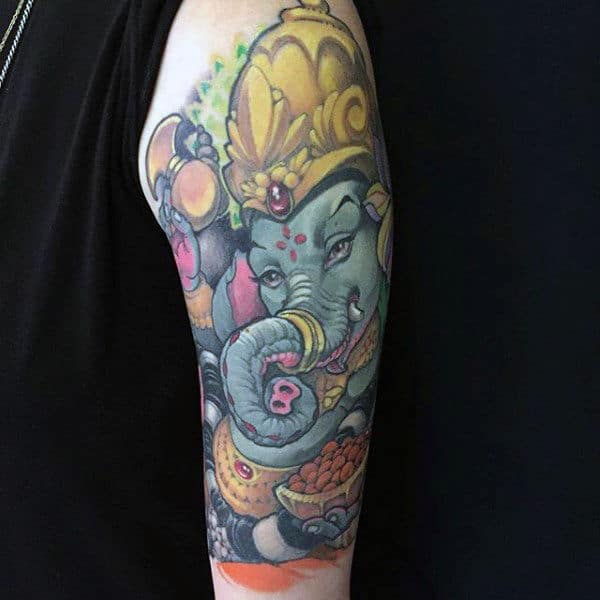 Blue Ganesh With Gold Crown Guys Arm Tattoos