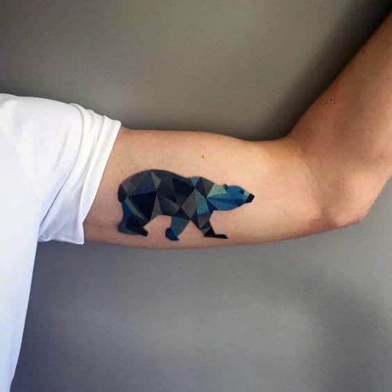 Blue Geometric Bear Bicep Arm Tattoos On Man