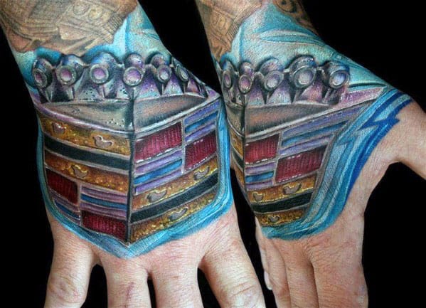 Blue Glowing Cadillac Logo Guys 3d Hand Tattoos