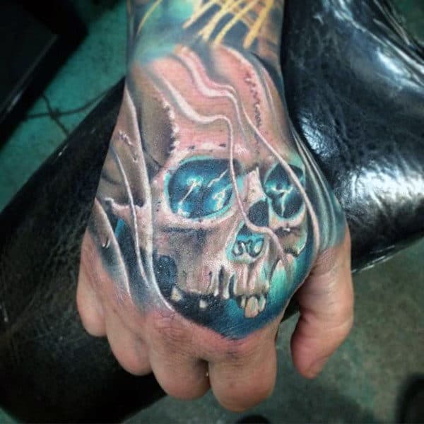 Blue Glowing Skull Male Hand Tattoo Designs