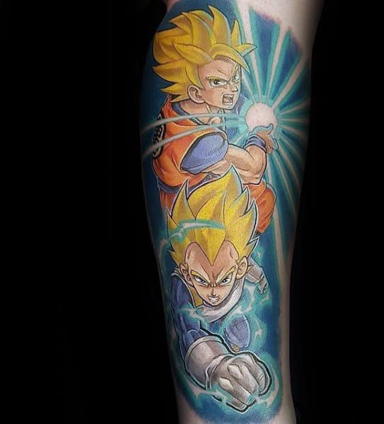 Blue Glowing Vegeta Mens Leg Sleeve Tattoo Design Ideas