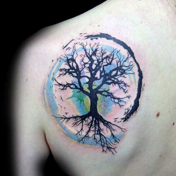 Blue Green And Black Male Tree Of Life Shoulder Blade Tattoos