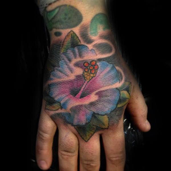 Blue Hibiscus Flower Mens Hand Tattoo