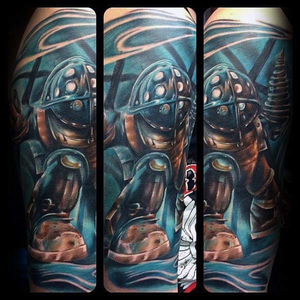 Blue Ink Bioshock Male Video Game Sleeve Tattoo Ideas