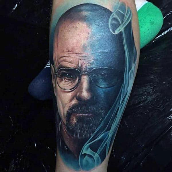Blue Ink Breaking Bad Male Leg Tattoos