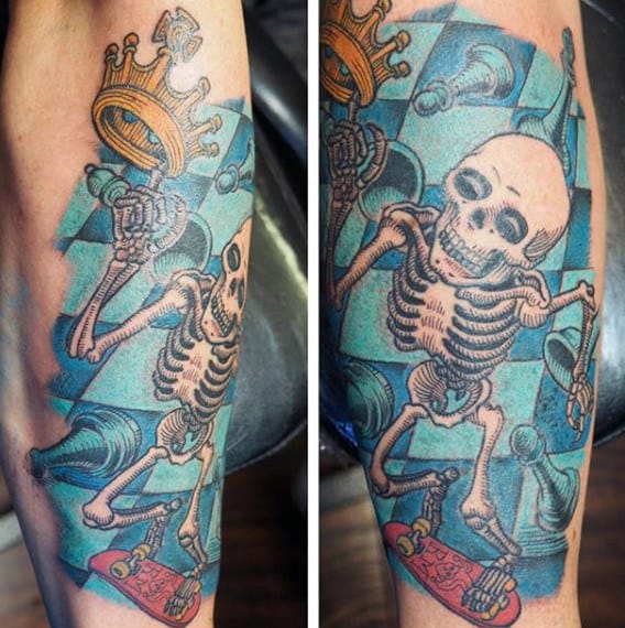 Blue Ink Chess Board With Skeleton Riding Skateboard Tattoo On Male