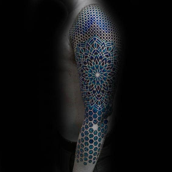 Blue Ink Colorful Hexagon Factal Tattoos For Guys Full Sleeve Design