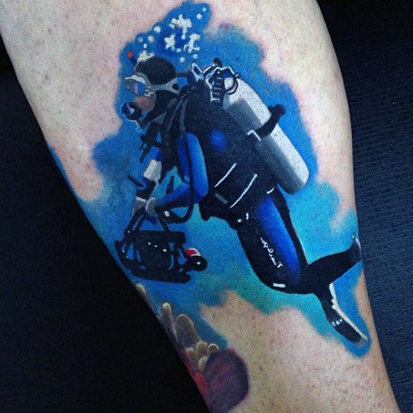 Blue Ink Diver Artistic Mens Leg Tattoos