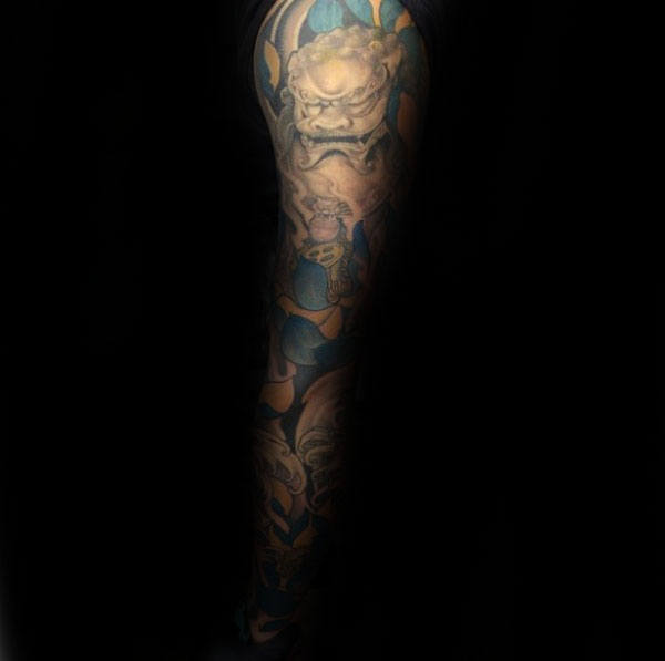 Blue Ink Foo Dog Mens Full Sleeve Tattoo Design