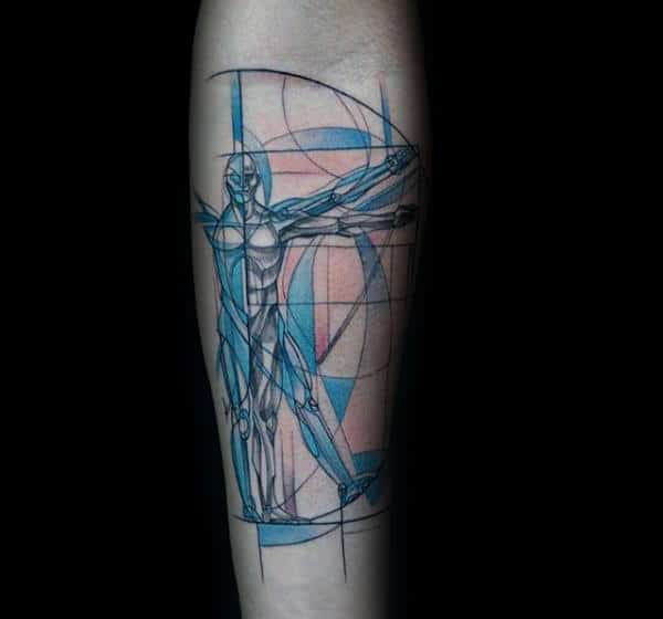 Blue Ink Geometric Vitruvian Man Male Inner Forearm Tattoo Design Ideas