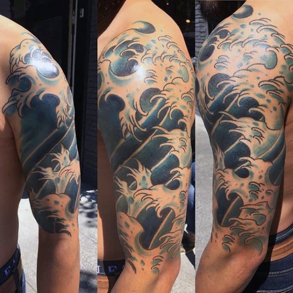 Blue Ink Guys Japanese Wave Half Sleeve Tattoo Designs