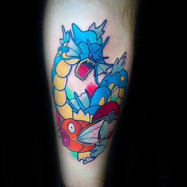 Blue Ink Gyarados Guys Inner Forearm Tattoos
