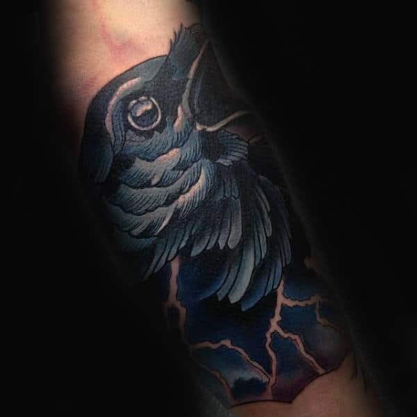 Blue Ink Lightning Mens Crow Quarter Sleeve Tattoo Design Ideas