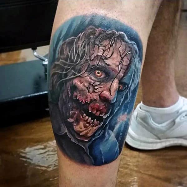 Blue Ink Mens Leg Calf Zombie Portrait Tattoos