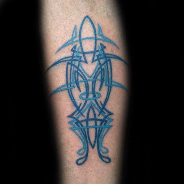 Blue Ink Pinstripe Male Tattoos On Inner Forearm