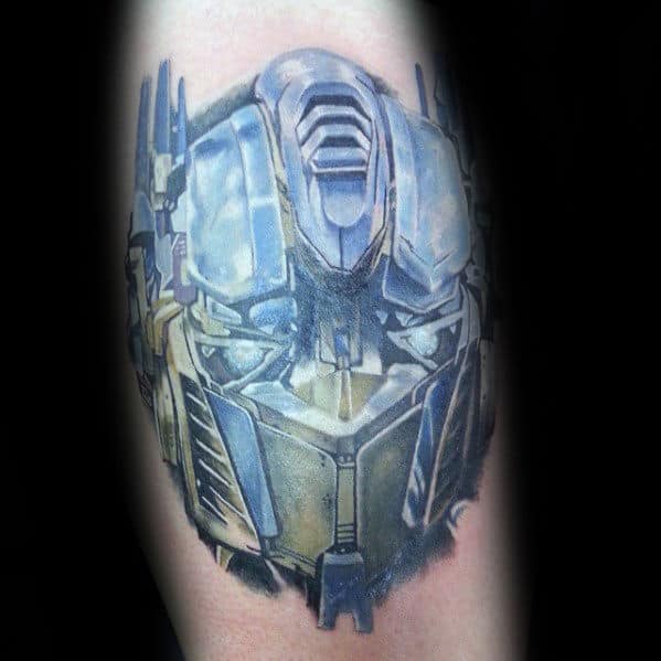 Blue Ink Shaded Guys Transformers Forearm Tattoo Design Ideas