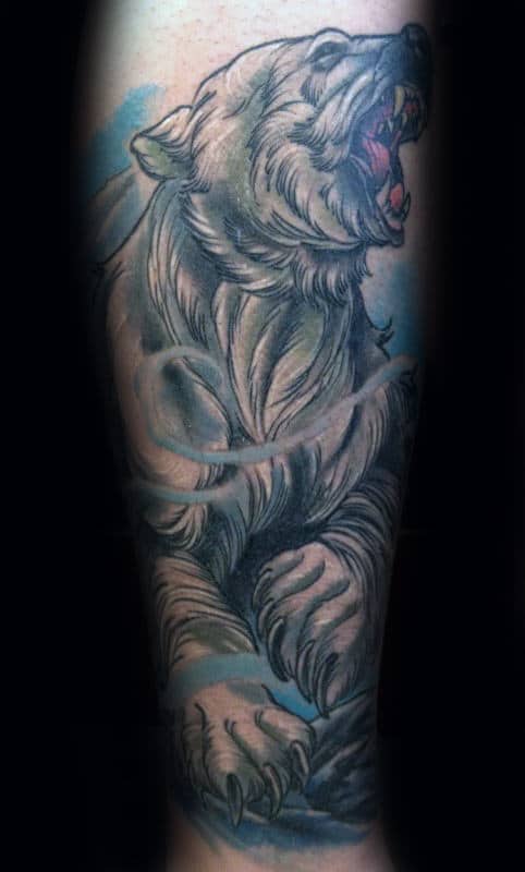 Blue Ink Shaded Polar Bear Male Forearm Tattoos