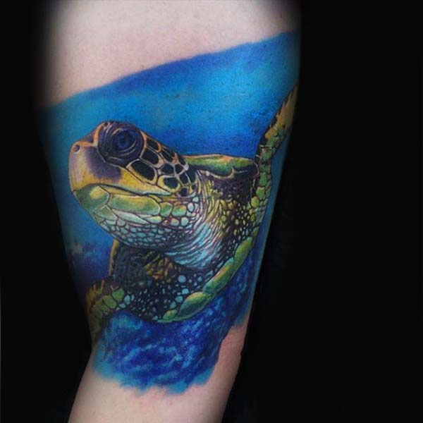 Blue Ink Swimming Turtle Realistic Mens Arm Tattoos
