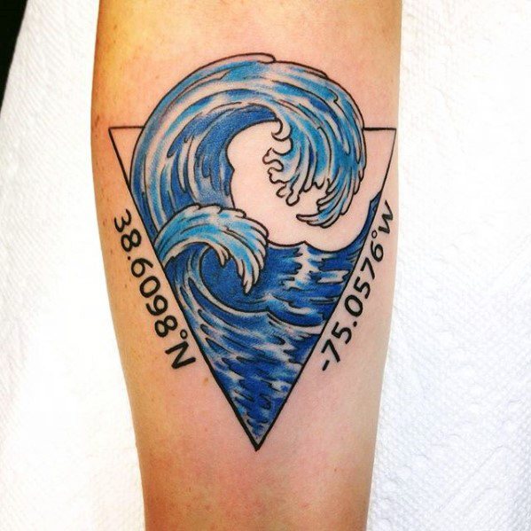 Blue Ink Triangle Ocean Male Inner Forearm Small Tattoo Designs