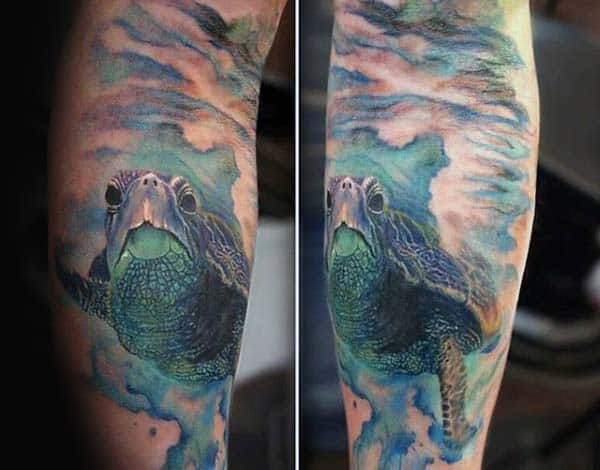 Blue Ink Turtle Watercolor Mens Arm Tattoo Design Ideas