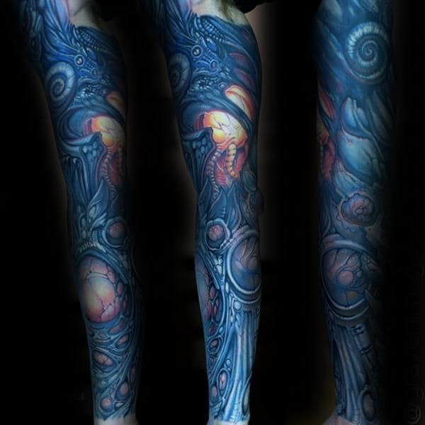 Blue Ink Unique Sleeve Tattoo On Gentleman