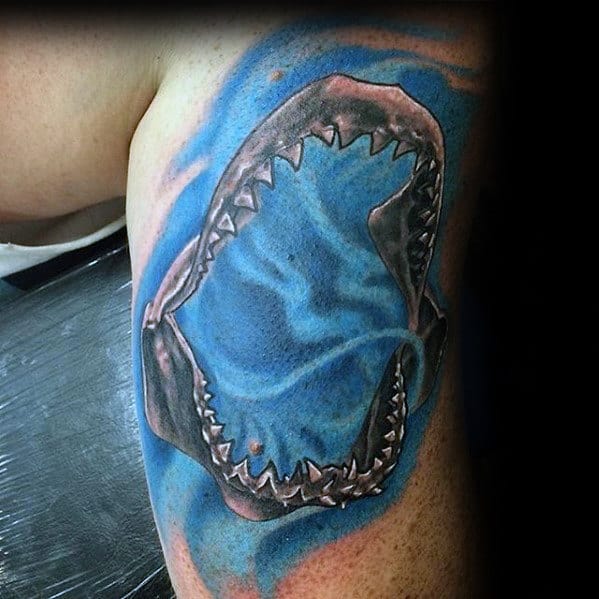 Blue Ink Water With Shark Jaw Mens Outer Arm Tattoo