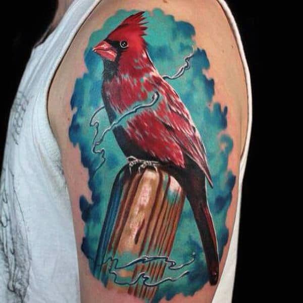 Blue Ink Watercolor Background Red Cardinal Bird Mens Uper Arm Tattoo