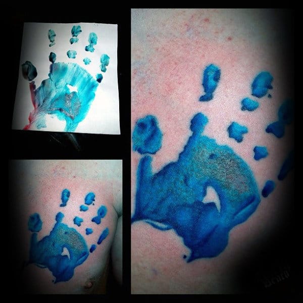 Blue Ink Watercolor Mens Handprint Chest Tattoos