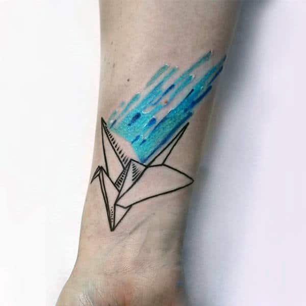 Blue Ink Watercolor Origami Swan Guys Forearm Tattoos