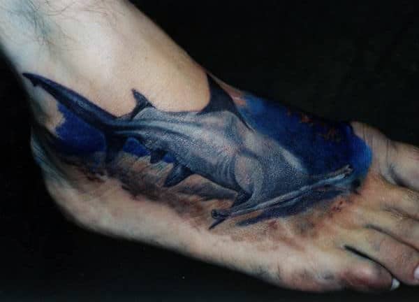 Blue Ink Wateroclor Hammerhead Shark Foot Mens Tattoos