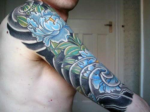 Blue Japanese Carnation Flower Half Sleeve Traditional Tattoos For Men