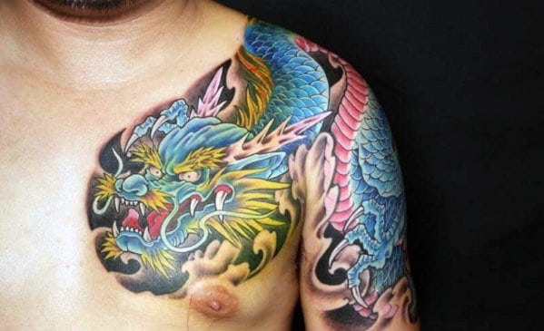 Blue Japanese Dragon Mens Shoulder And Upper Arm Tattoo