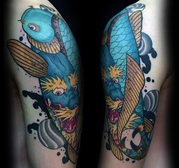 Blue Koi Fish Dragon Arm Tattoo For Men