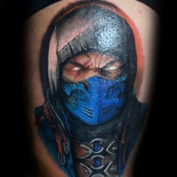 Blue Masked Mortal Kombat Mens Thigh Tattoos