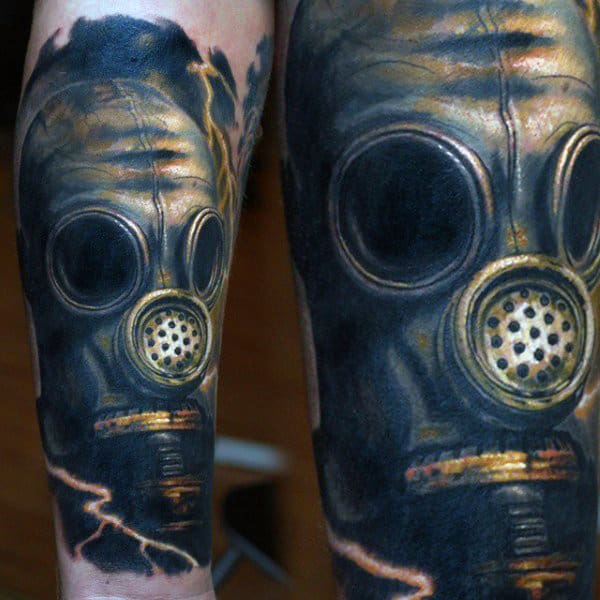 Blue Mens Wrist Gas Mask Tattoos