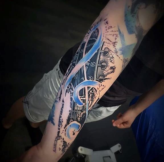 Blue Music Note Mens Guitar Forearm Tattoos