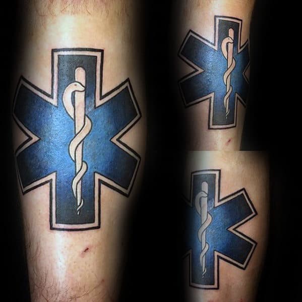 Blue Negative Space Star Of Life Mens Paramedic Leg Calf Tattoo Ideas