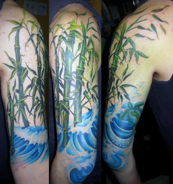 Blue Ocean Waves With Green Bamboo Mens Half Sleeve Tattoos