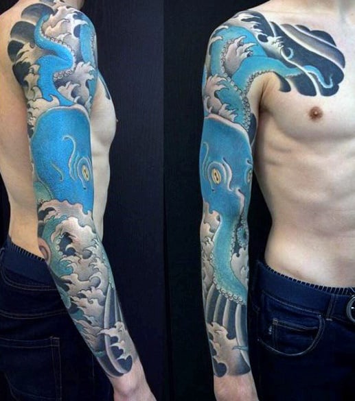 Blue Octopus Awesome Japanese Sleeve Tattoos For Men
