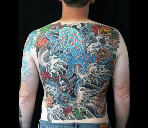 Blue Octopus Mens Japanese Nautical Full Back Tattoo
