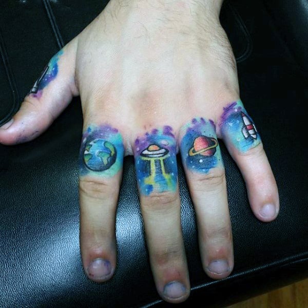 Blue Outer Space Objects Tattoo Male Fingers