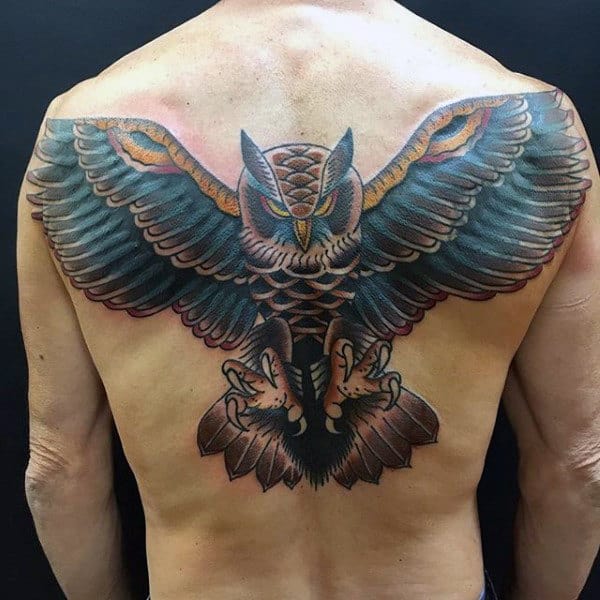 Blue Owl Male Traditional Back Tattoos