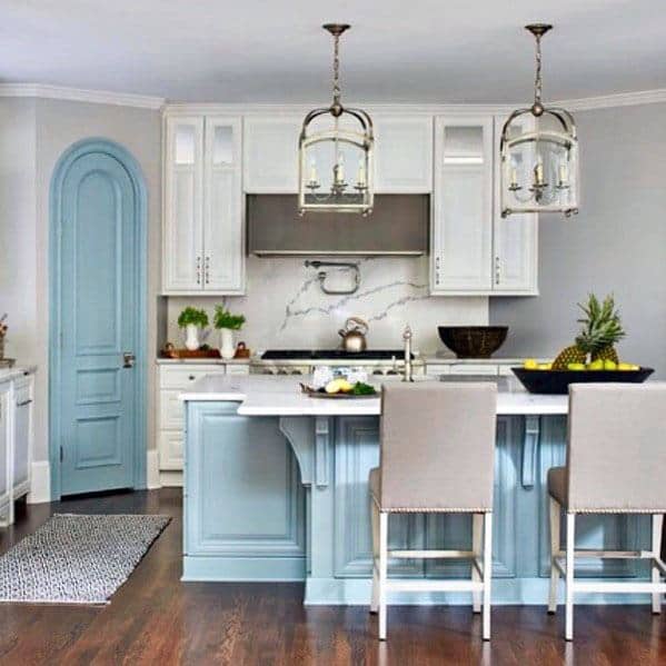 blue painted curved pantry door rustic kitchen 