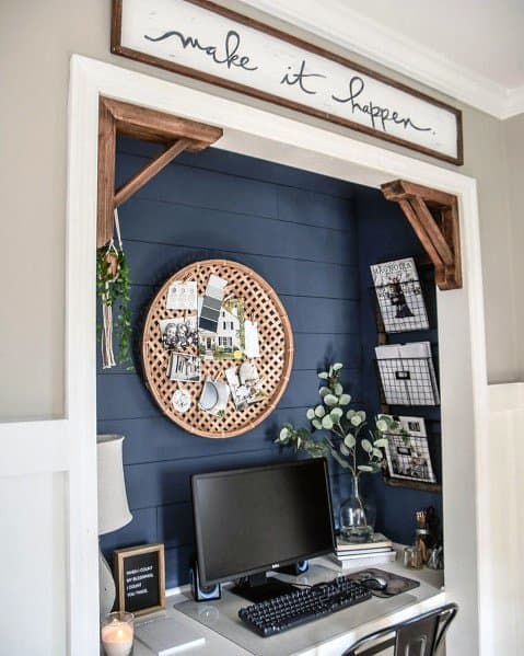 blue painted shiplap walls closet office